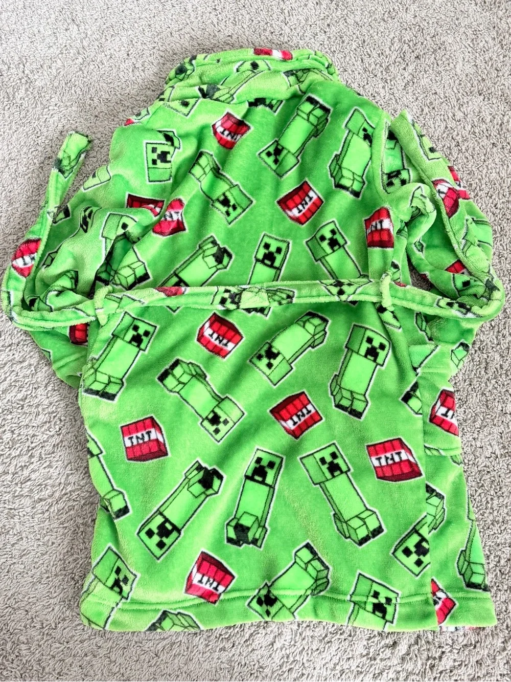 Kids Plush Robe with Minecraft Creeper & TNT Print - Green